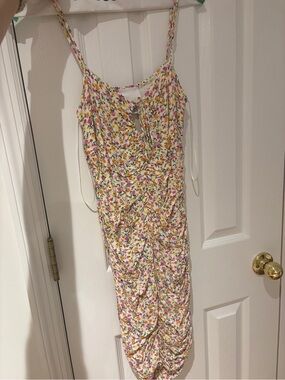 Floral Ruched Spaghetti Strap Midi Dress - White with Pink & Yellow Flowers